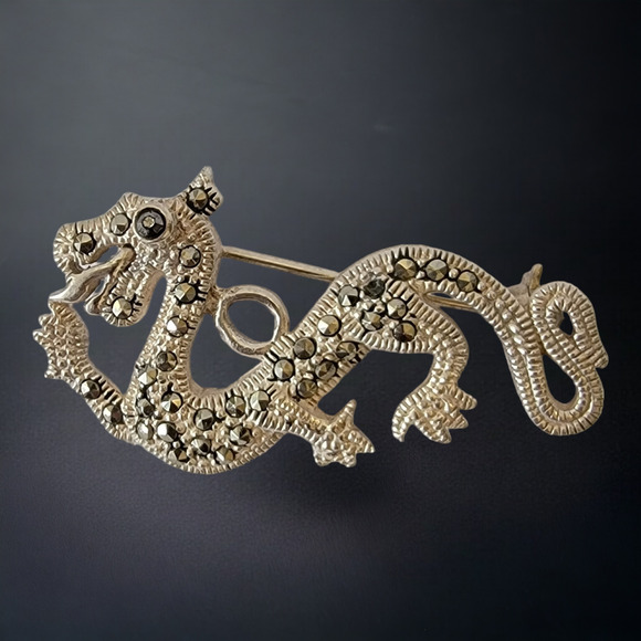 Year of the Dragon, Vintage Marcasite Dragon Brooch, Sterling Silver, 2.5 Inch - Picture 5 of 7